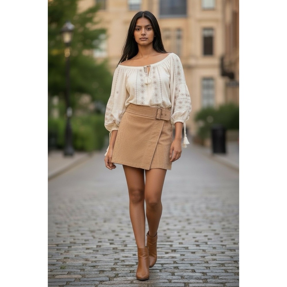 Free People Ari Wrap Mini Skirt Buckle Camel Brown Vegan Leather Womens Size 2